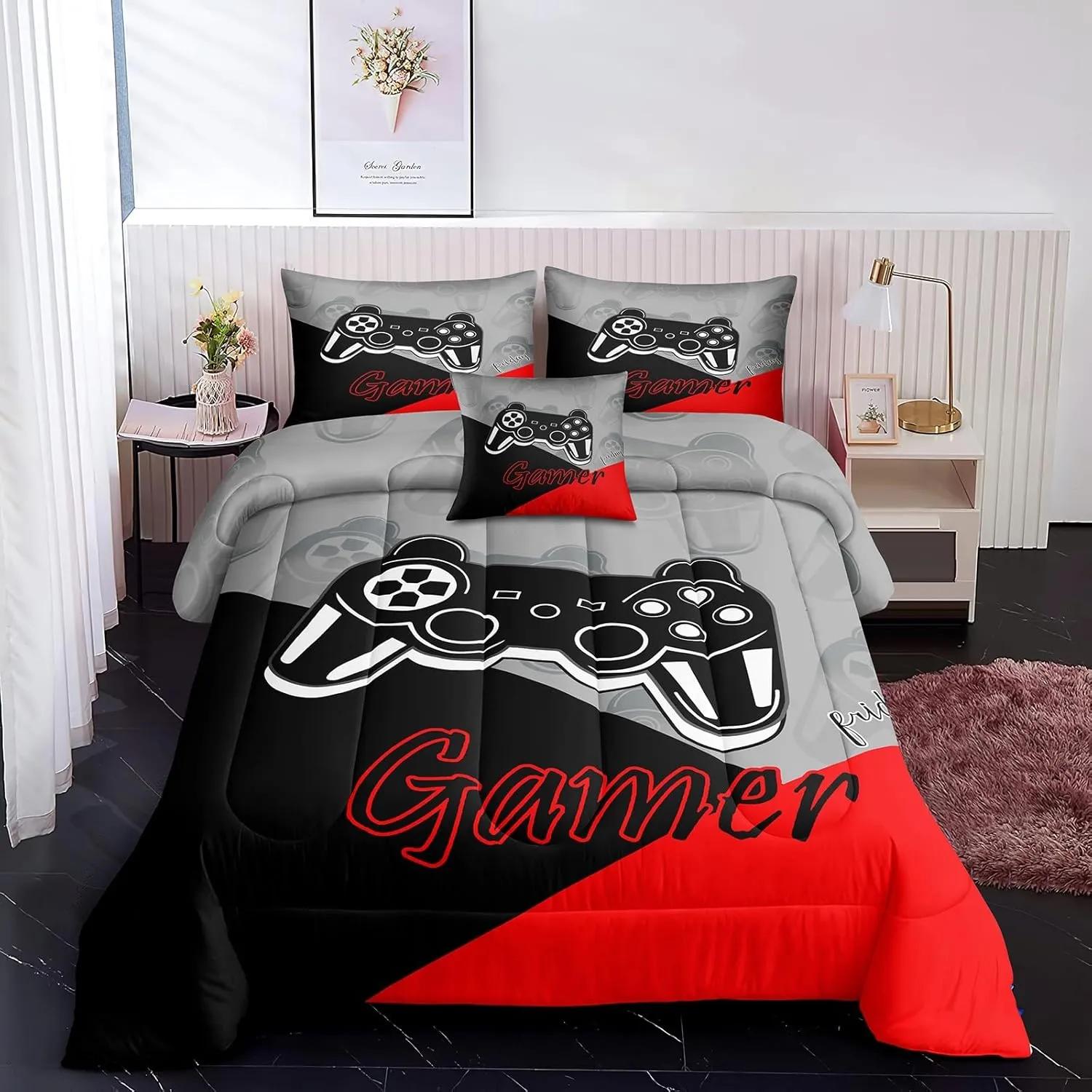 ROWADALO 6 Pieces Gaming Bedding Set for Boys Teen Gamer Comforter Set Queen Size,Game Controller Comforter for Kids Adult 3D Gamepad Microfiber Bedding Sets 5 Pieces Bed in A Bag Sets H5003,Queen