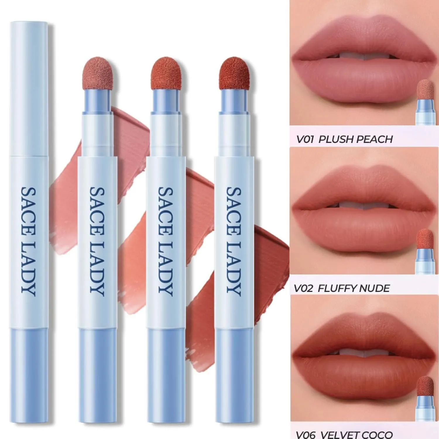 SACE LADY Matte Lipstick Set, Long Lasting Air Cushion Lip & Cheek Cream Non-Stick Cup, Ultra-Smooth Pigmented Non-drying Lip Color for Face Makeup Kit 3Pcs (V01 V02 V06, 3pcs)