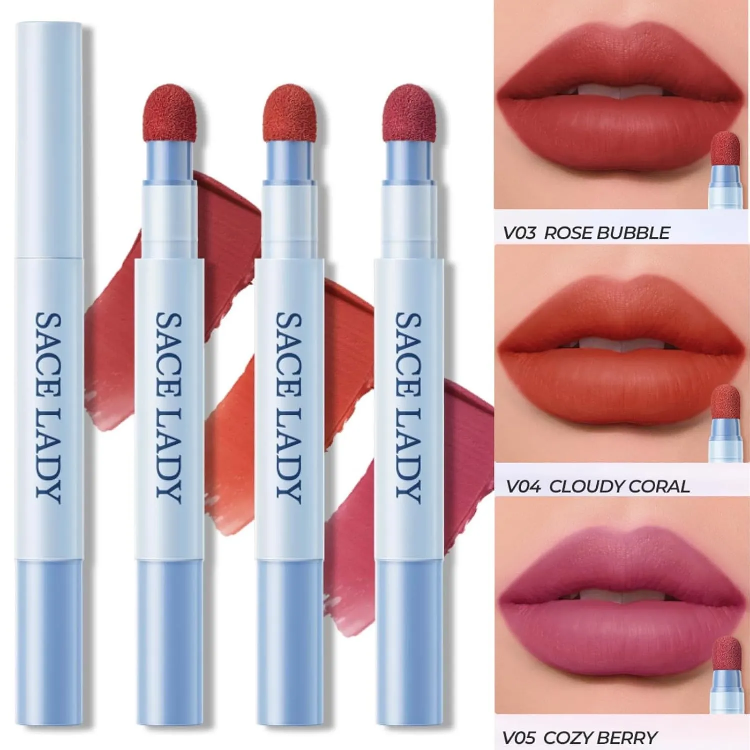 SACE LADY Matte Lipstick Set, Long Lasting Air Cushion Lip & Cheek Cream Non-Stick Cup, Ultra-Smooth Pigmented Non-drying Lip Color for Face Makeup Kit 3Pcs (V03 V04 V05, 3pcs)