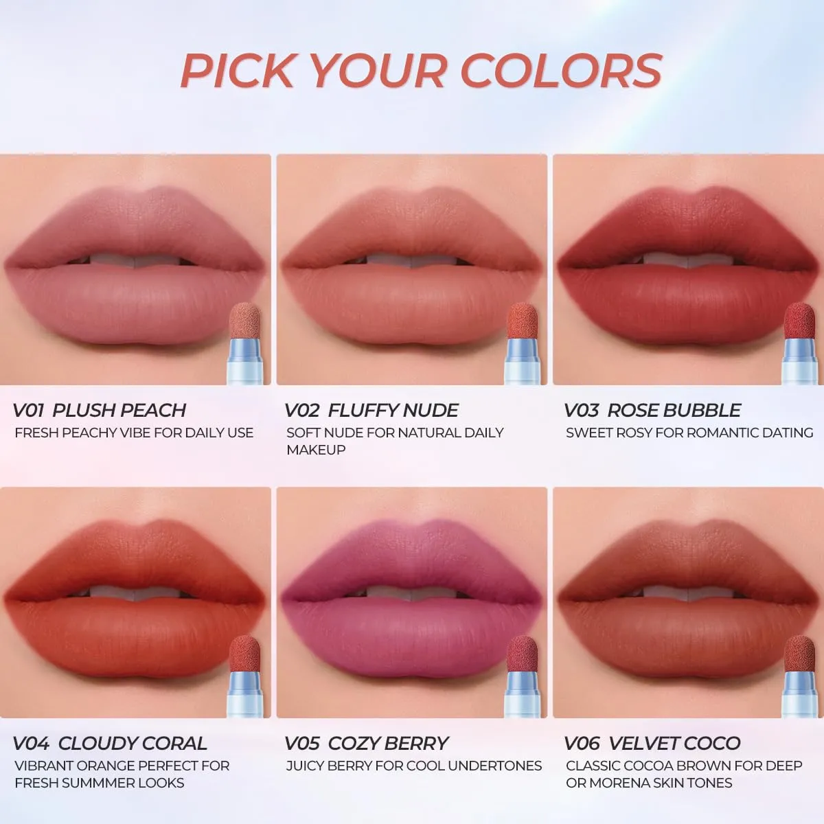 SACE LADY Matte Lipstick Set, Long Lasting Air Cushion Lip & Cheek Cream Non-Stick Cup, Ultra-Smooth Pigmented Non-drying Lip Color for Face Makeup Kit 3Pcs (V03 V04 V05, 3pcs)