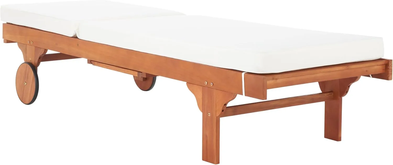SAFAVIEH Outdoor Collection Newport Natural/ Beige Cushion Built-in Side Table Adjustable Chaise Lounge Chair
