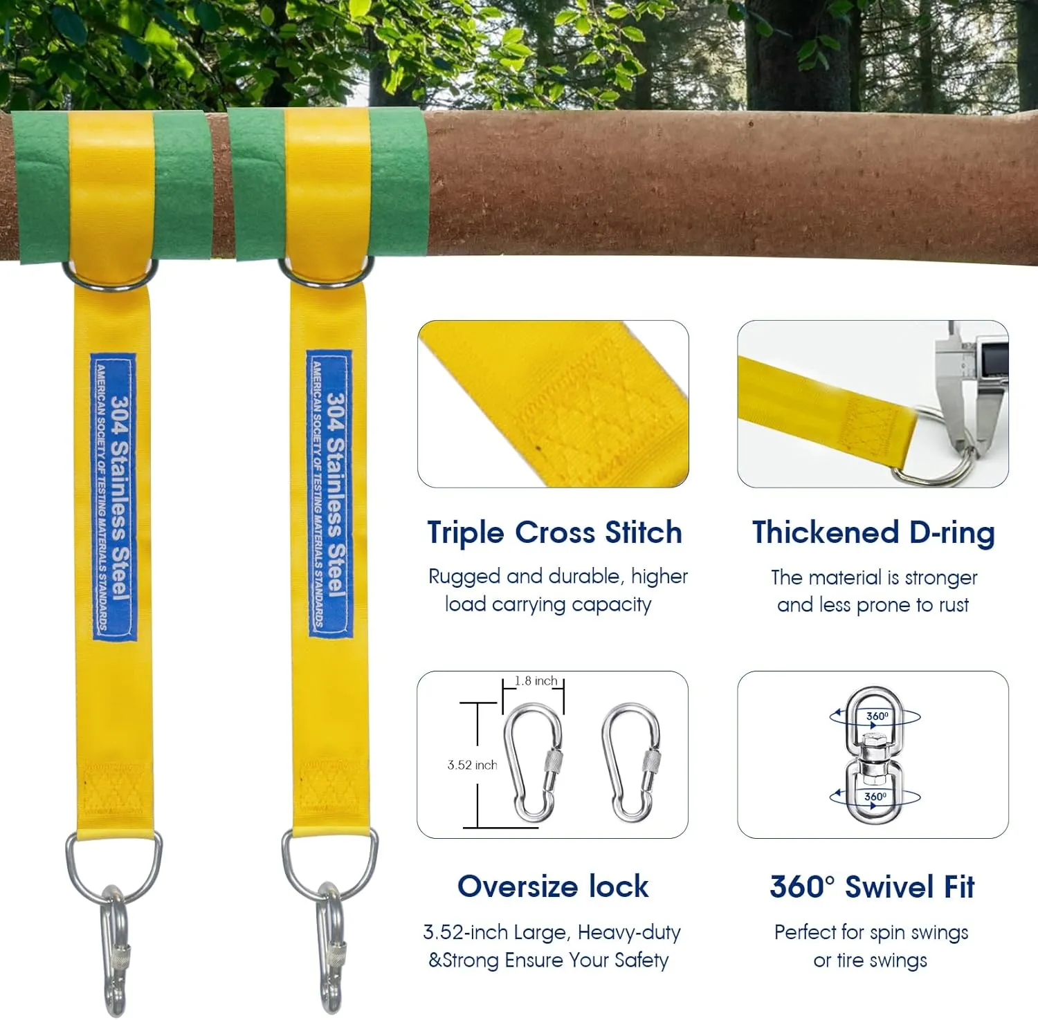 Safe Tree Swing Straps Hanging Kit with Two Alloy Carabiners 2,200lb Breaking Strength Easy and Fast Installation Swings or Hammocks (20ft)