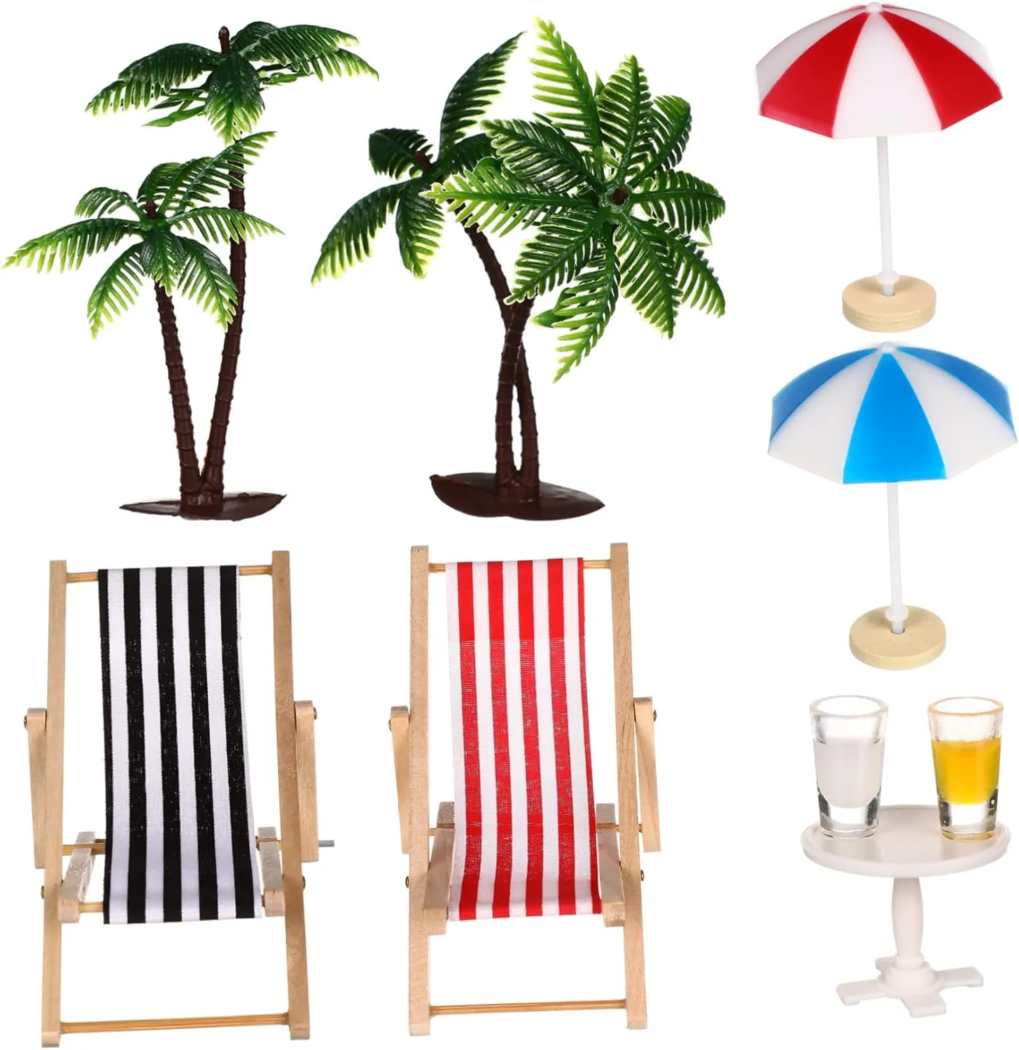 SAFIGLE Miniature Beach Umbrella：Miniature Beach Scene Decoration Set with Palm Trees, Umbrellas, and Deckchairs for Dollhouse, Fairy Garden, or DIY Crafts Dollhouse Plants