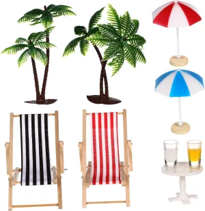 SAFIGLE Miniature Beach Umbrella：Miniature Beach Scene Decoration Set with Palm Trees, Umbrellas, and Deckchairs for Dollhouse, Fairy Garden, or DIY Crafts Dollhouse Plants