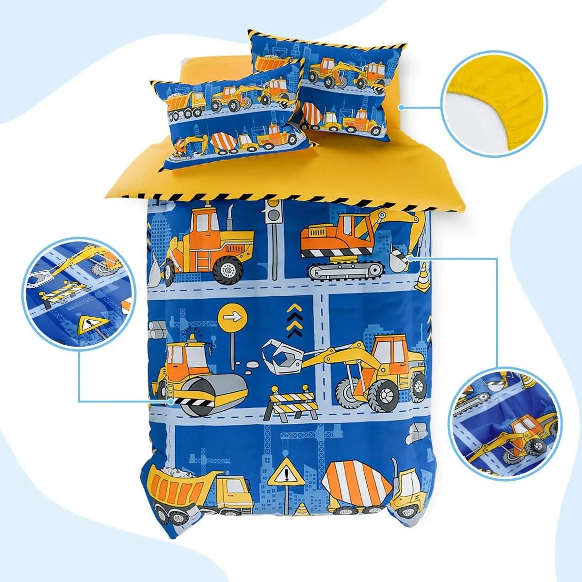 SANDJEST Construction Bedding Sets for Boys, Ultra Soft Microfiber Comforter Bed Set with 3-Pieces, Comforters Sets for Kids Children Boy Bedroom Decor