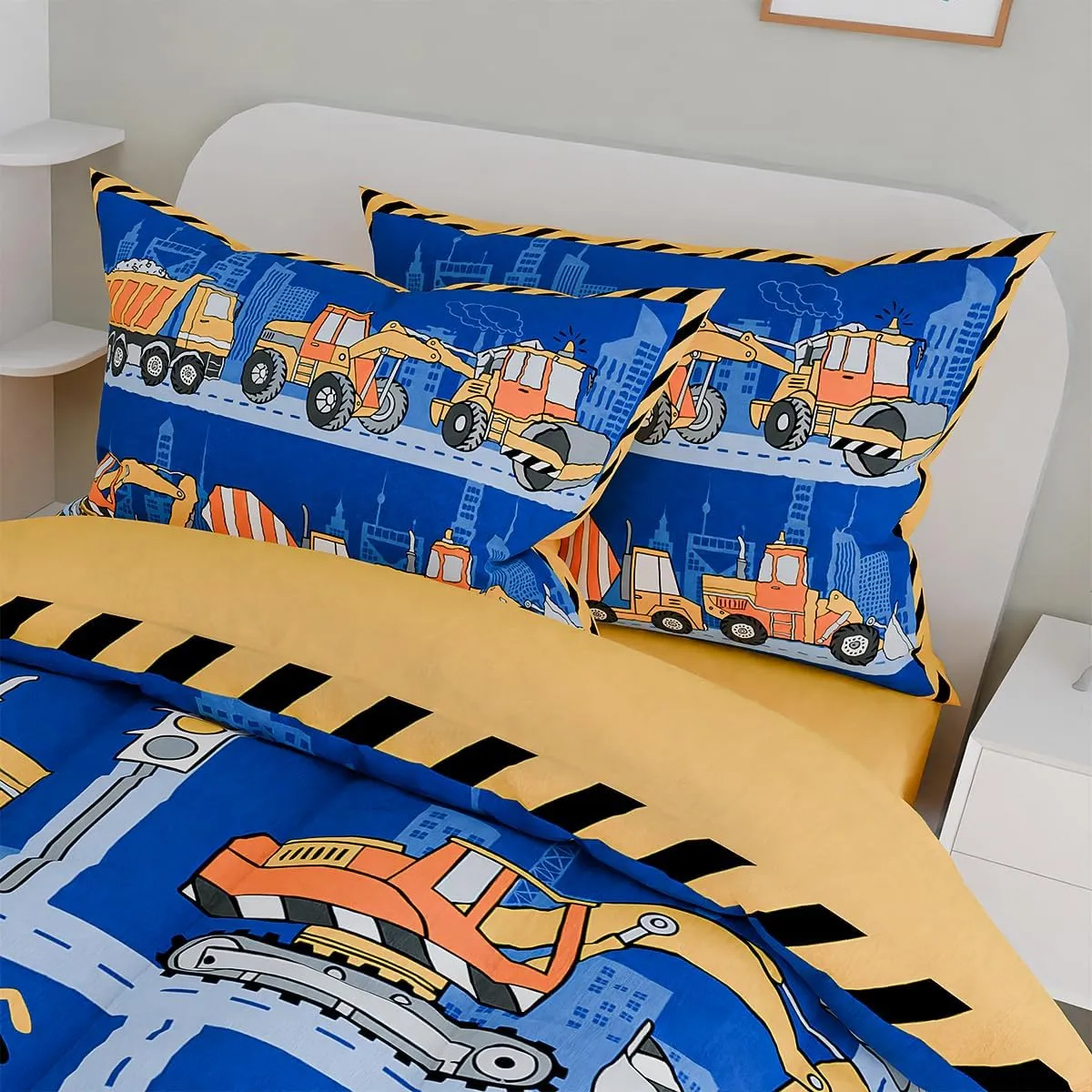 SANDJEST Construction Bedding Sets for Boys, Ultra Soft Microfiber Comforter Bed Set with 3-Pieces, Comforters Sets for Kids Children Boy Bedroom Decor