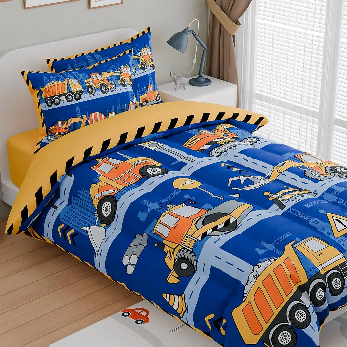SANDJEST Construction Bedding Sets for Boys, Ultra Soft Microfiber Comforter Bed Set with 3-Pieces, Comforters Sets for Kids Children Boy Bedroom Decor