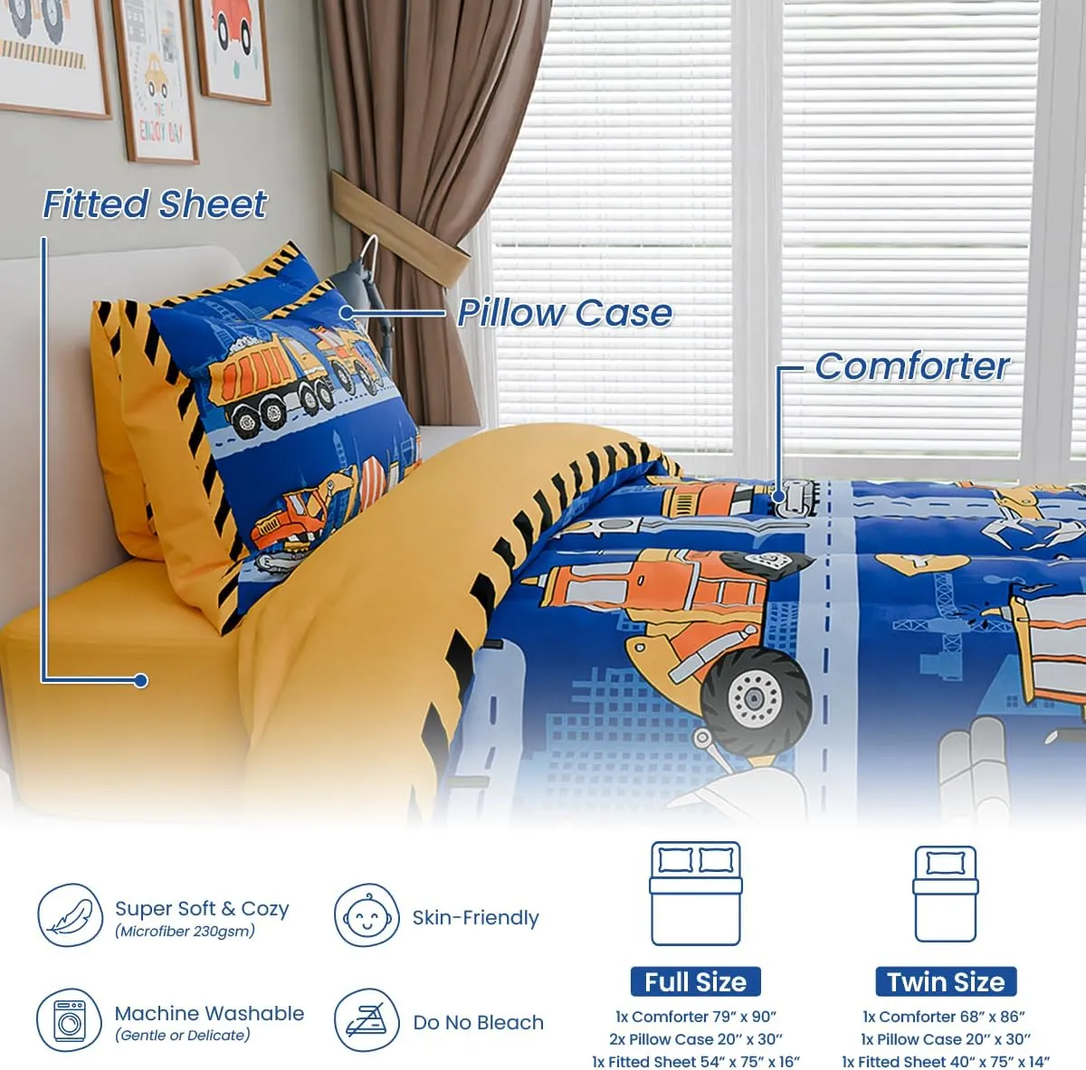 SANDJEST Construction Bedding Sets for Boys, Ultra Soft Microfiber Comforter Bed Set with 3-Pieces, Comforters Sets for Kids Children Boy Bedroom Decor