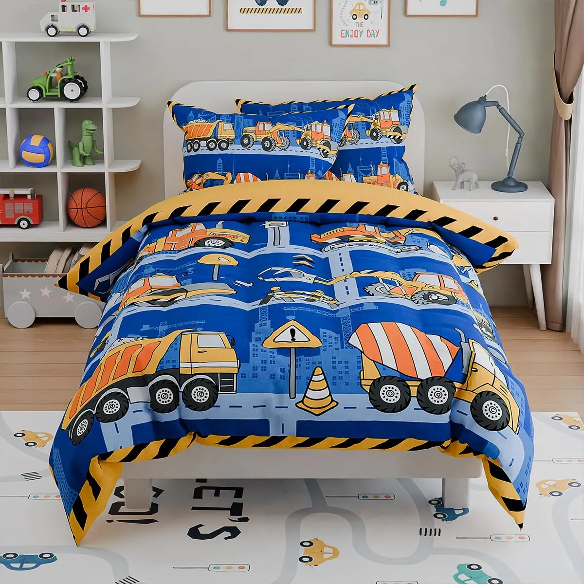 SANDJEST Construction Bedding Sets for Boys, Ultra Soft Microfiber Comforter Bed Set with 3-Pieces, Comforters Sets for Kids Children Boy Bedroom Decor