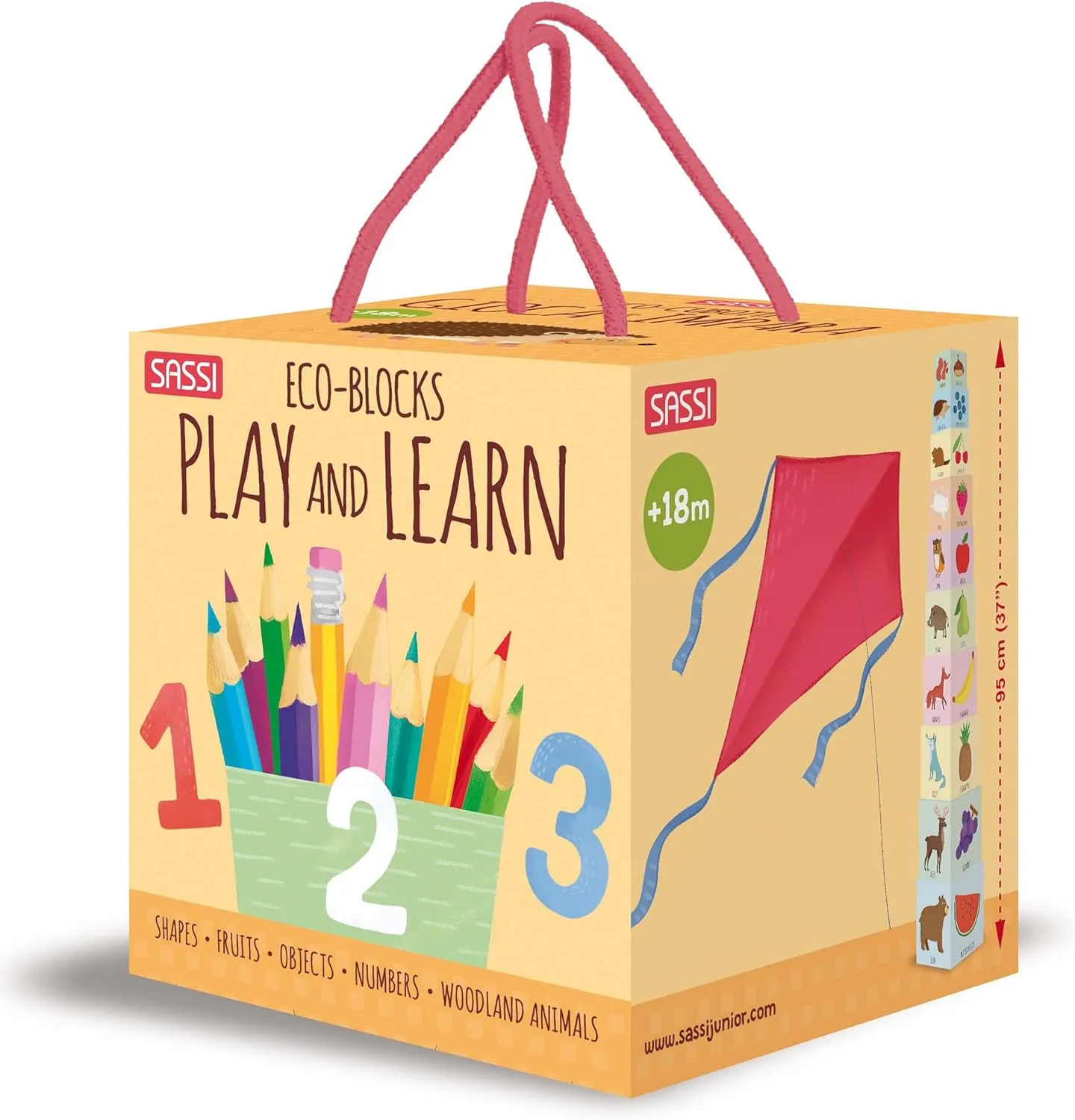 Sassi: Eco-Blocks - Play & Learn - 10 Stacking Cubes & Educational Booklet Set, Shapes-Fruits-Objects-Numbers-Woodland Animals, Kids-Toddlers 18Mo 