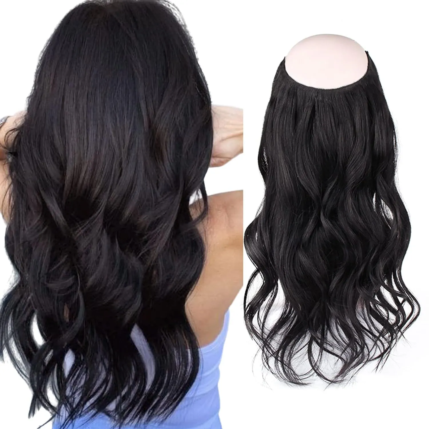 Sassina Invisible Wire Hair Extensions Real Human Hair with Transparent Wire Adjustable Size Secure Clips Natural Straight Secret Miracle Hairpiece, #1 Jet Black 18 Inch 80 Gram