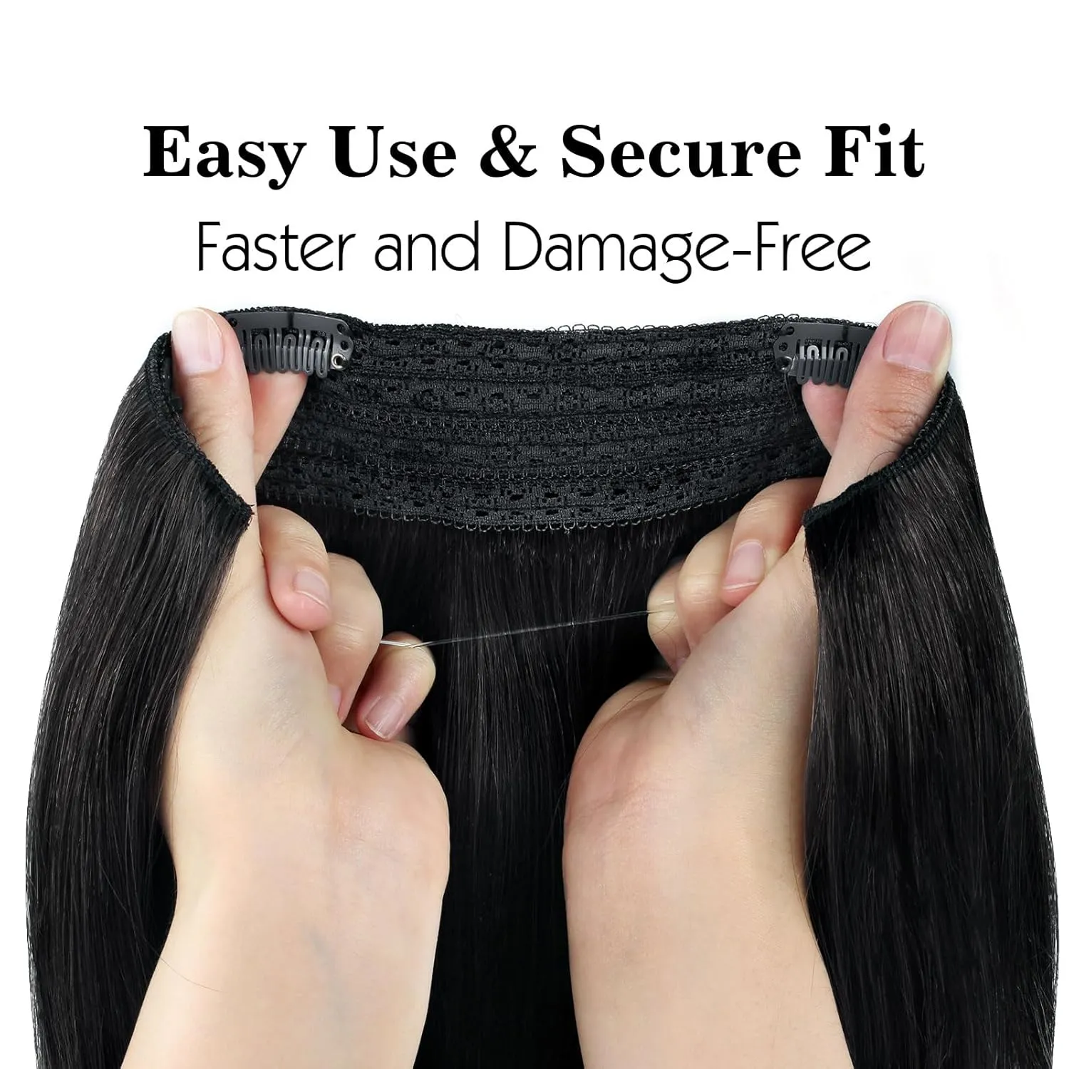 Sassina Invisible Wire Hair Extensions Real Human Hair with Transparent Wire Adjustable Size Secure Clips Natural Straight Secret Miracle Hairpiece, #1 Jet Black 18 Inch 80 Gram