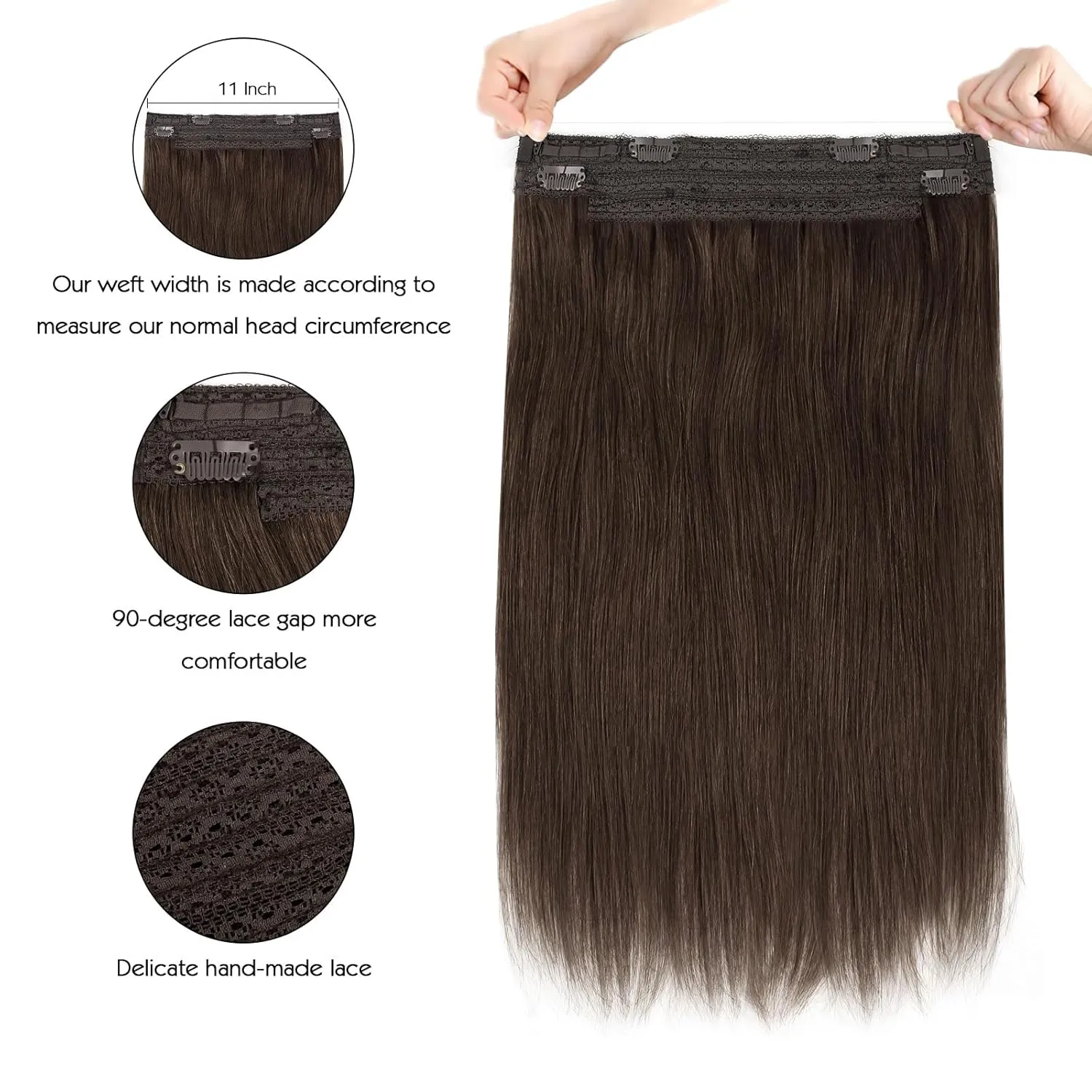 Sassina Invisible Wire Hair Extensions Real Human Hair with Transparent Wire Adjustable Size Secure Clips Natural Straight Secret Miracle Hairpiece, #2 Dark Brown 14 Inch 70 Gram