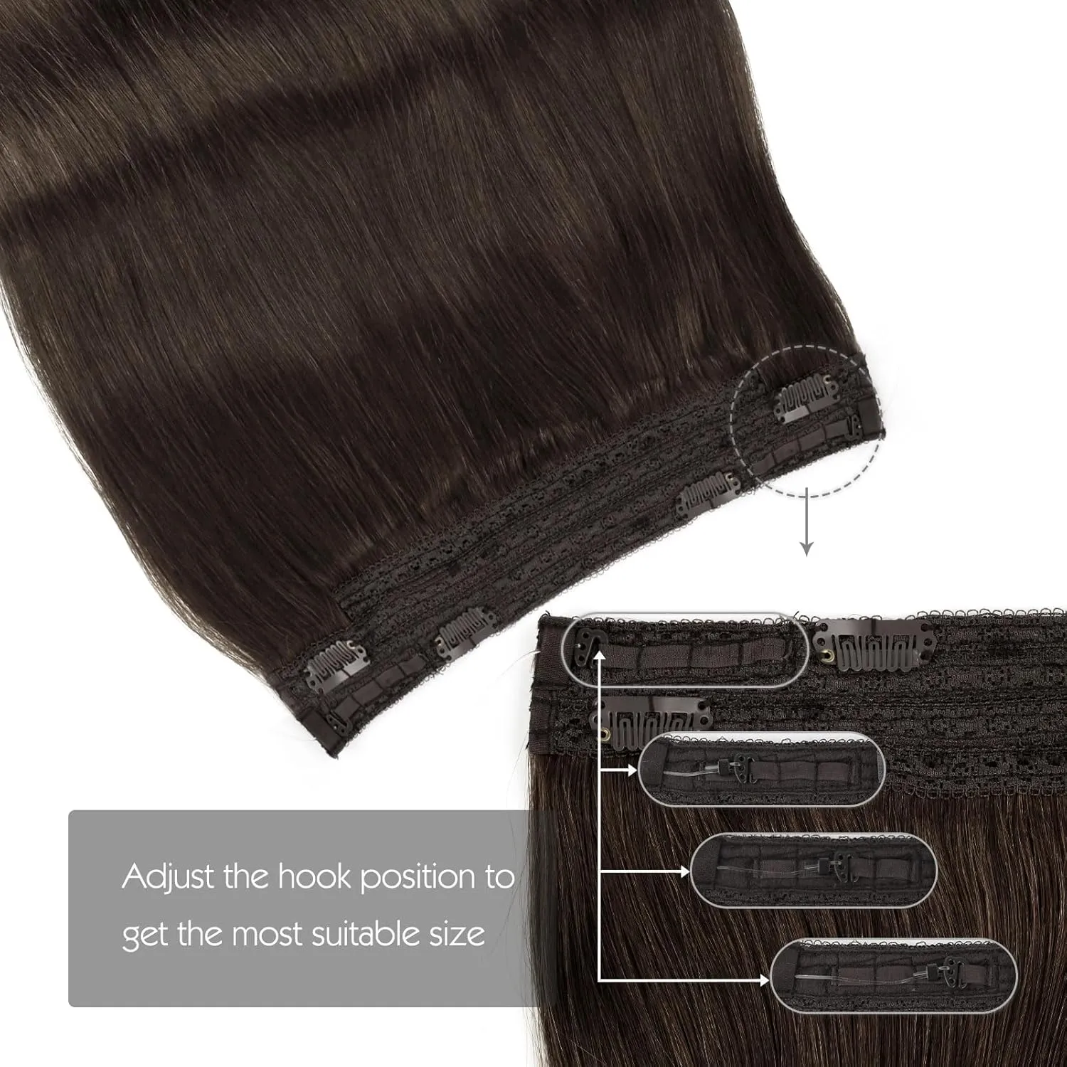 Sassina Invisible Wire Hair Extensions Real Human Hair with Transparent Wire Adjustable Size Secure Clips Natural Straight Secret Miracle Hairpiece, #2 Dark Brown 14 Inch 70 Gram