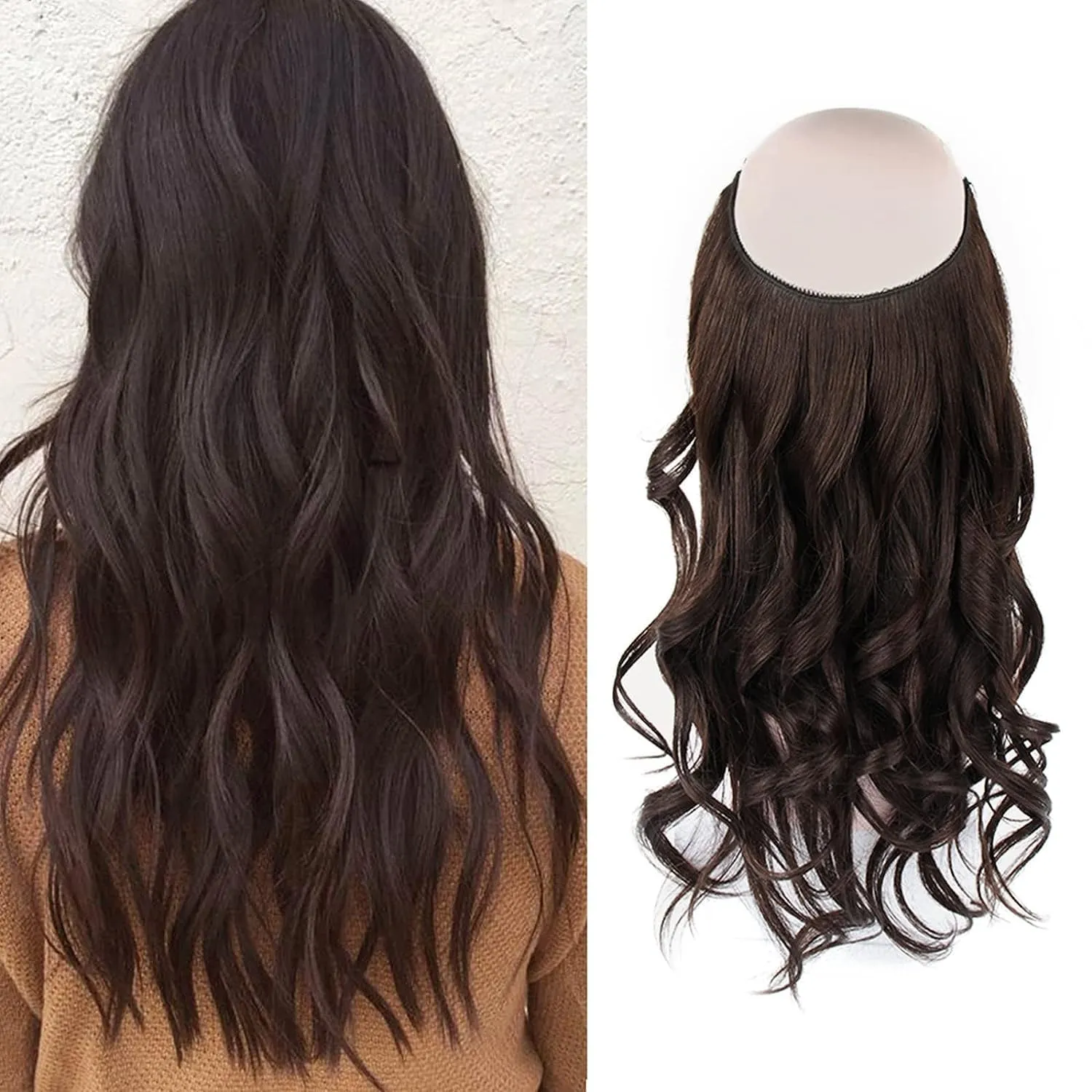 Sassina Invisible Wire Hair Extensions Real Human Hair with Transparent Wire Adjustable Size Secure Clips Natural Straight Secret Miracle Hairpiece, #2 Dark Brown 14 Inch 70 Gram