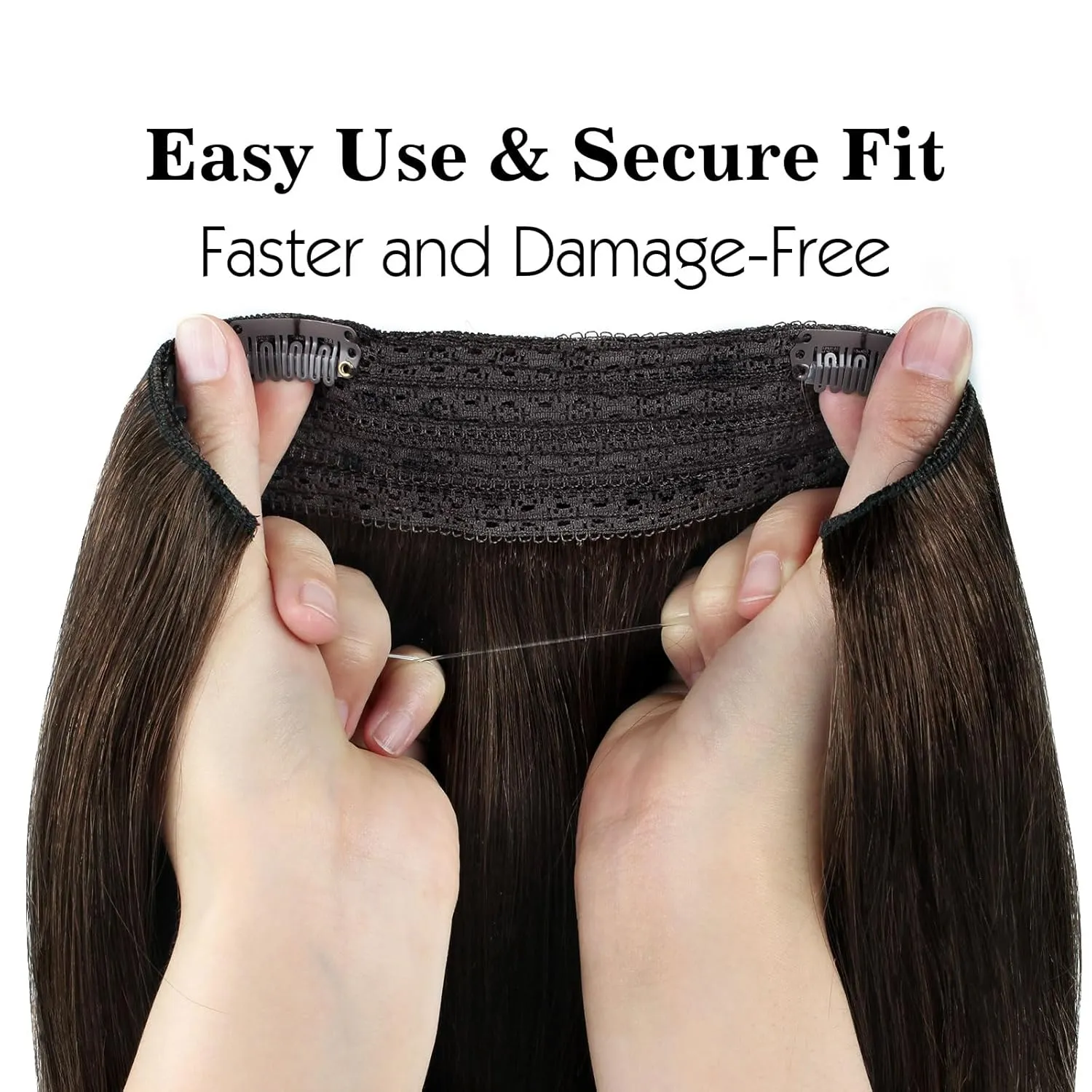 Sassina Invisible Wire Hair Extensions Real Human Hair with Transparent Wire Adjustable Size Secure Clips Natural Straight Secret Miracle Hairpiece, #2 Dark Brown 14 Inch 70 Gram