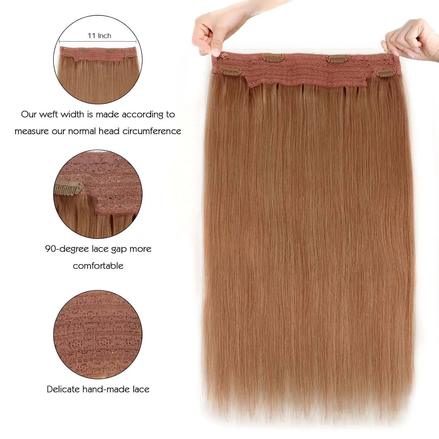 Sassina Invisible Wire Hair Extensions Real Human Hair with Transparent Wire Adjustable Size Secure Clips Natural Straight Secret Miracle Hairpiece, #30 Auburn 14 Inch 70 Gram
