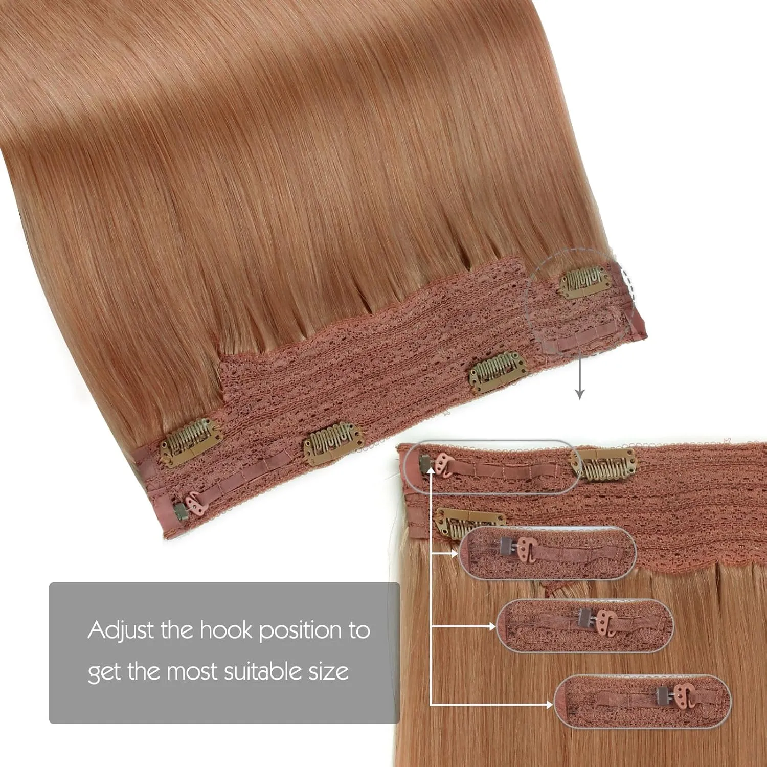 Sassina Invisible Wire Hair Extensions Real Human Hair with Transparent Wire Adjustable Size Secure Clips Natural Straight Secret Miracle Hairpiece, #30 Auburn 14 Inch 70 Gram