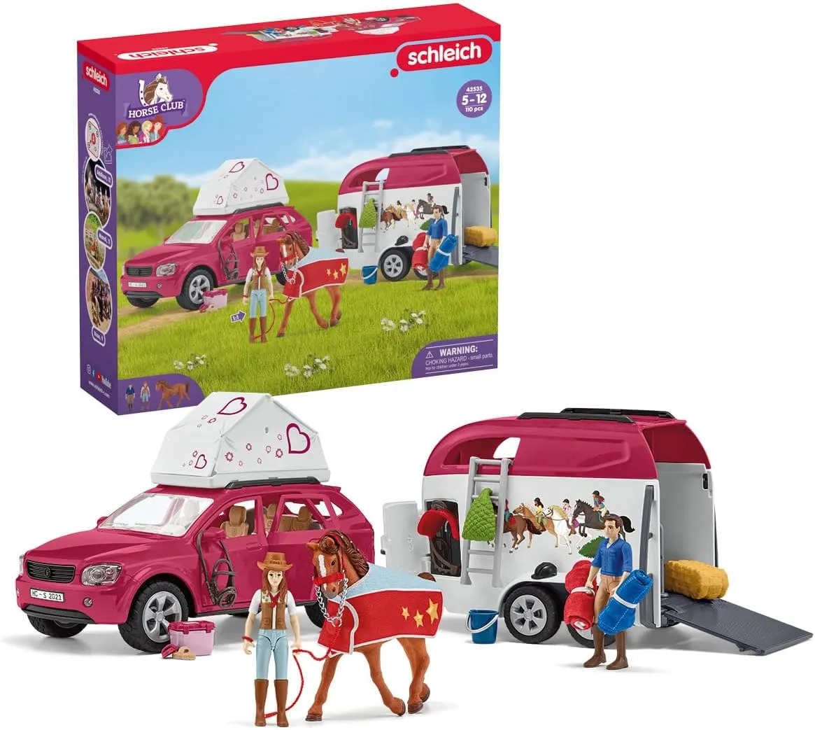 Schleich Horse Club - 110 PC Car and Trailer Tent Camping Playset with Fun Horse and Rider Figures for Girls and Boys - Realistic Toy Figurines and Accessories for Kids Ages 5  | 42535