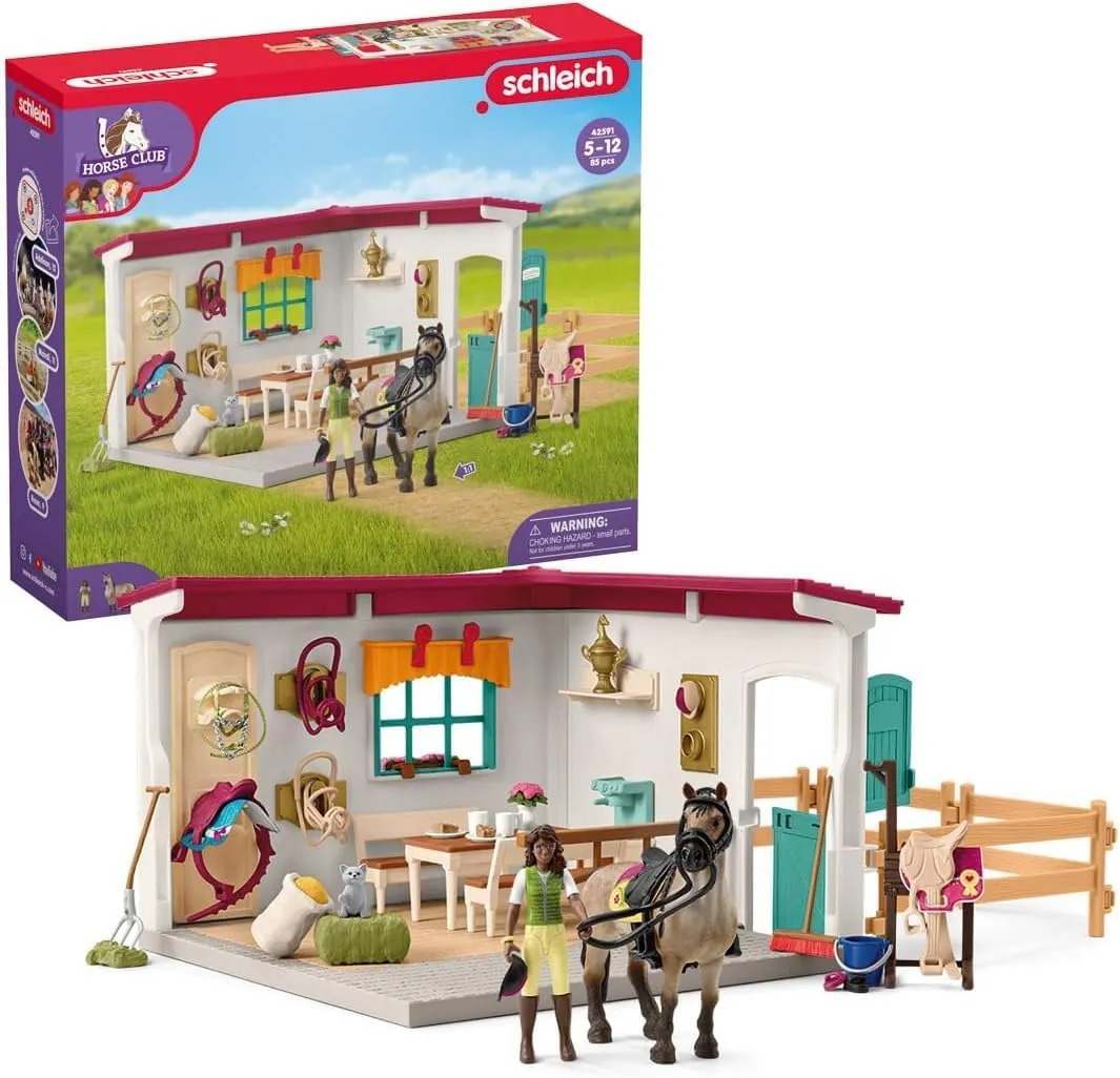 Schleich Horse Club - 85 PC Tack Room Stable Extension Toy Playset with Rider Action Figure, Horse Figurine and Accessories for Girls and Boys - Interactive, Realistic Kids Toys Ages 5  - 42591