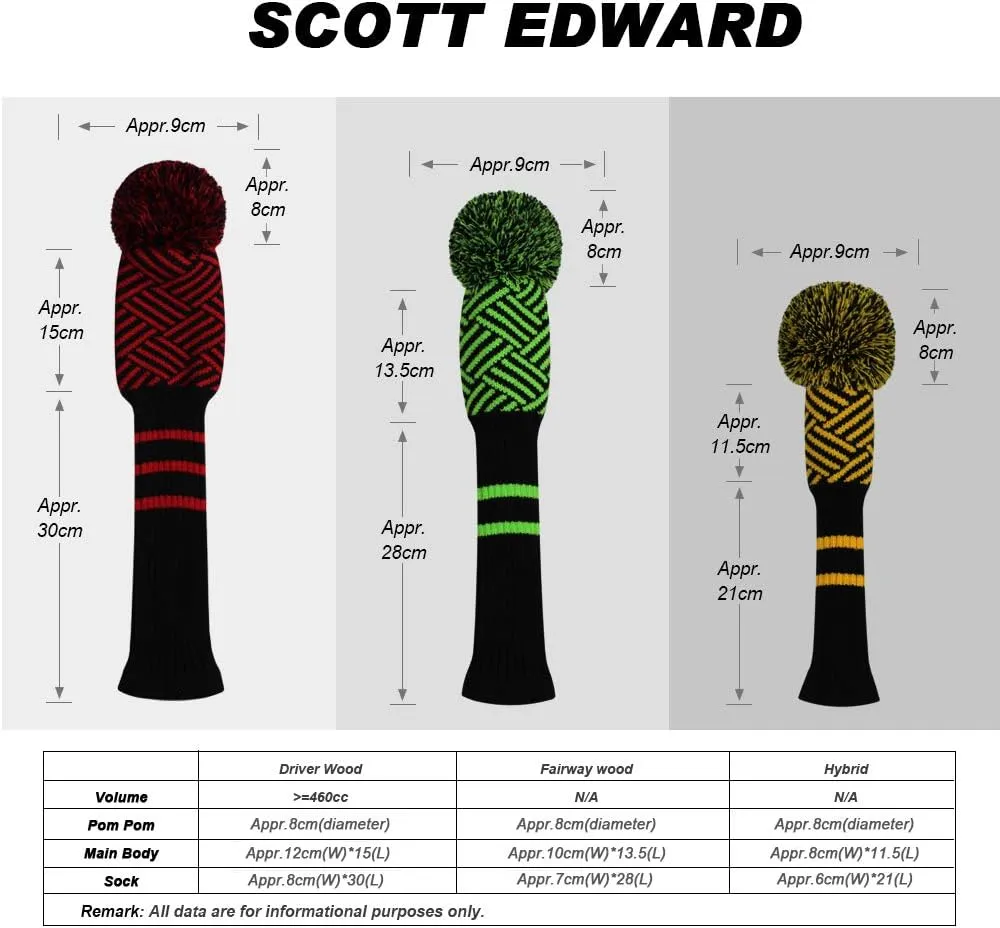 Scott Edward Knitted Golf Head Covers 4PCS Handmade Fit Well for Driver and Fairway Woods with Long Neck Pom Pom Golf Club Headcovers Set
