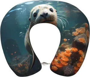 Seal pup in Water Print Memory Foam Travel Pillow – Comfortable U-Shape Neck Support for Long Distance Flights, and Road Trips