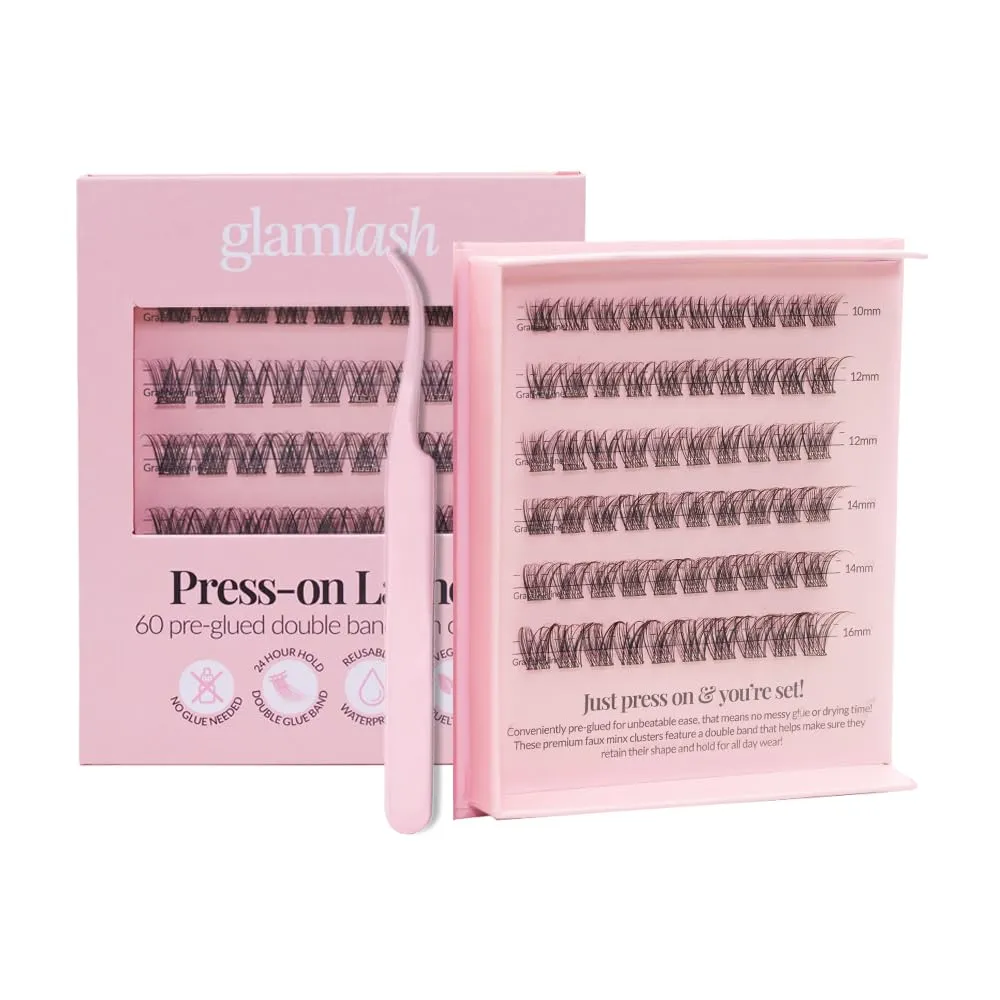 Self Adhesive Press On Eyelashes | Double Pre Glued Strips, 24 hours Hold| No Glue Needed, No Remover, Reusable & Waterproof | 60pcs Natural Lash Clusters | DIY Eyelash Extensions (Style Glam)