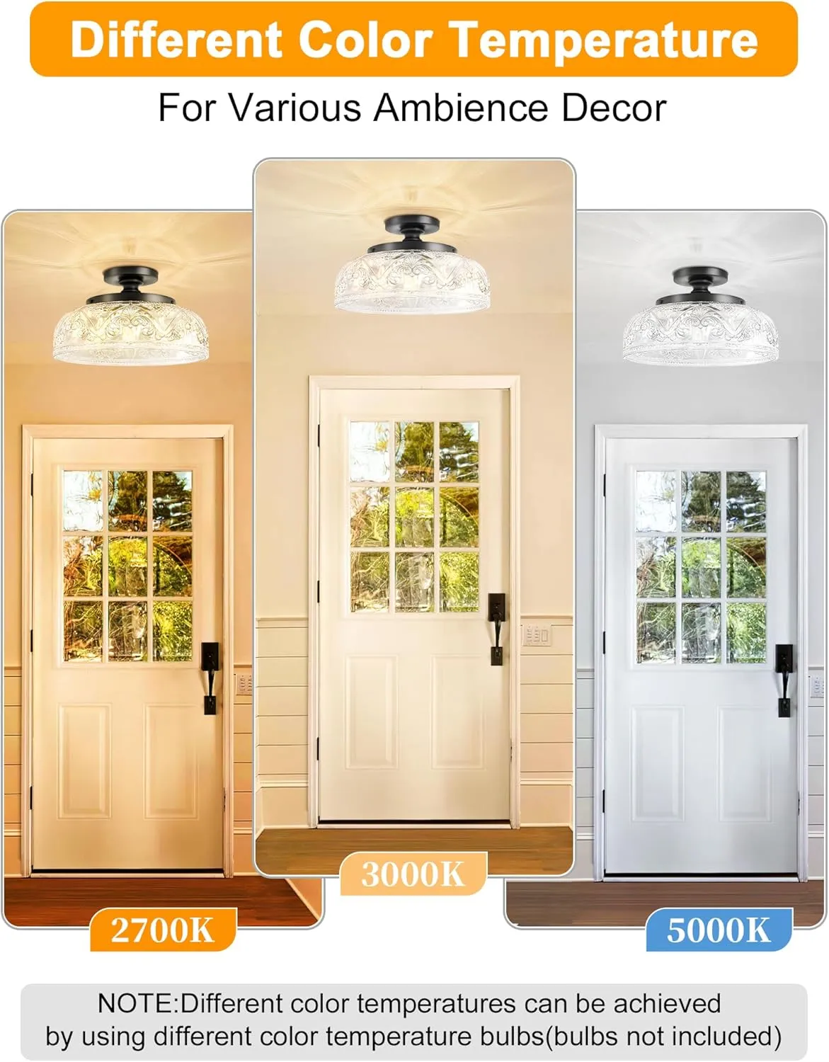 Semi Flush Mount Ceiling Light, 12 Inch Large Black Ceiling Light Fixture, 3-Light Globe Glass Industrial Kitchen Lighting Fixtures for Bathroom, Hallway, Dining Room (Bulb Not Included)
