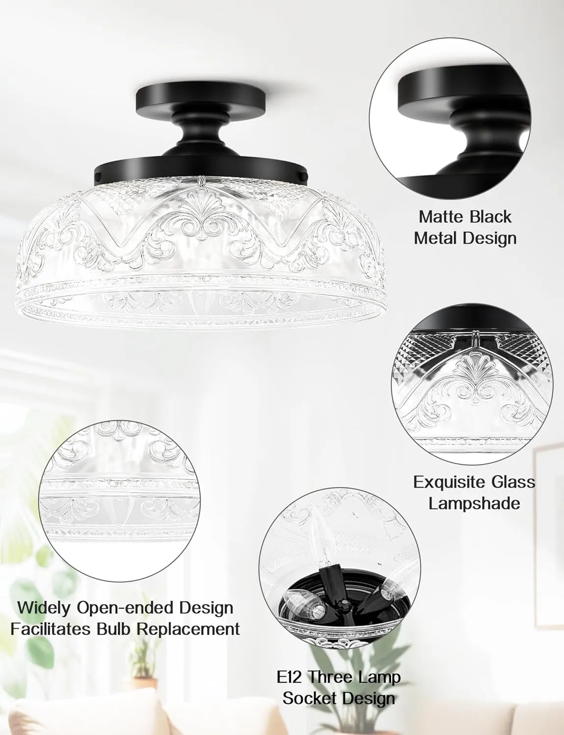 Semi Flush Mount Ceiling Light, 12 Inch Large Black Ceiling Light Fixture, 3-Light Globe Glass Industrial Kitchen Lighting Fixtures for Bathroom, Hallway, Dining Room (Bulb Not Included)