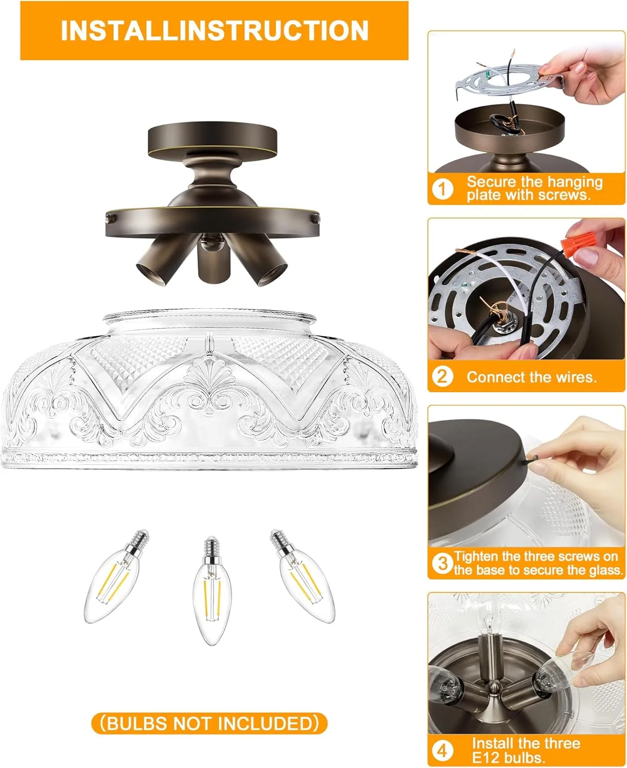 Semi Flush Mount Ceiling Light, 12 Inch Large Bronze Ceiling Light Fixture, 3-Light Globe Glass Farmhouse Kitchen Lighting Fixtures for Bathroom, Hallway, Dining Room (Bulb Not Included)