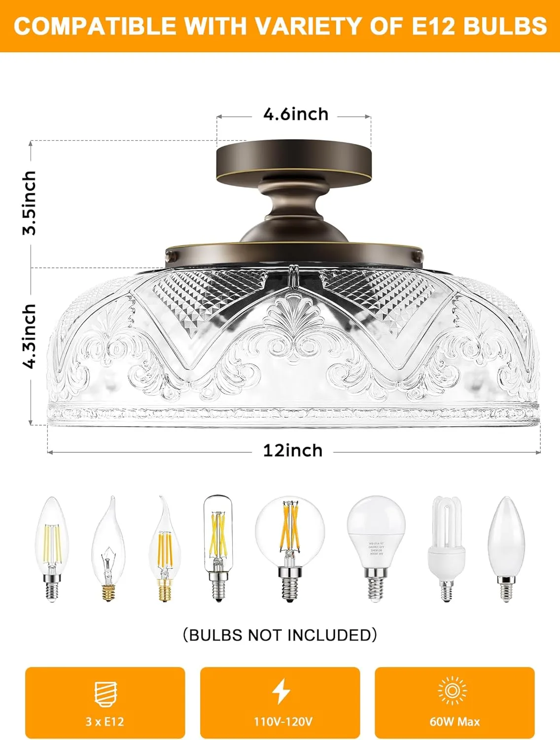 Semi Flush Mount Ceiling Light, 12 Inch Large Bronze Ceiling Light Fixture, 3-Light Globe Glass Farmhouse Kitchen Lighting Fixtures for Bathroom, Hallway, Dining Room (Bulb Not Included)