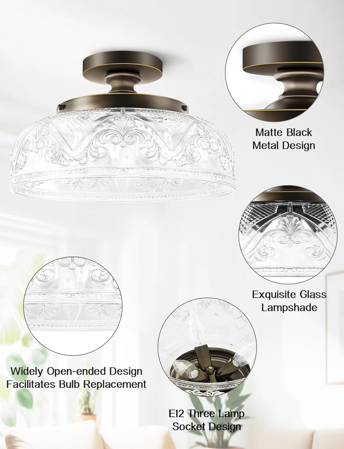 Semi Flush Mount Ceiling Light, 12 Inch Large Bronze Ceiling Light Fixture, 3-Light Globe Glass Farmhouse Kitchen Lighting Fixtures for Bathroom, Hallway, Dining Room (Bulb Not Included)