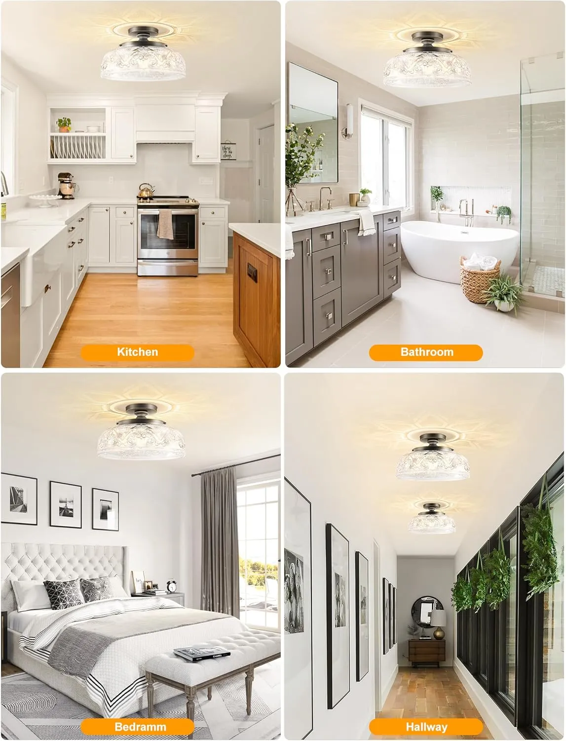 Semi Flush Mount Ceiling Light, 12 Inch Large Bronze Ceiling Light Fixture, 3-Light Globe Glass Farmhouse Kitchen Lighting Fixtures for Bathroom, Hallway, Dining Room (Bulb Not Included)