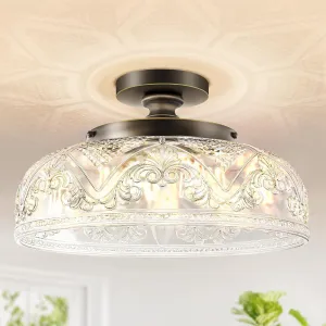Semi Flush Mount Ceiling Light, 12 Inch Large Bronze Ceiling Light Fixture, 3-Light Globe Glass Farmhouse Kitchen Lighting Fixtures for Bathroom, Hallway, Dining Room (Bulb Not Included)