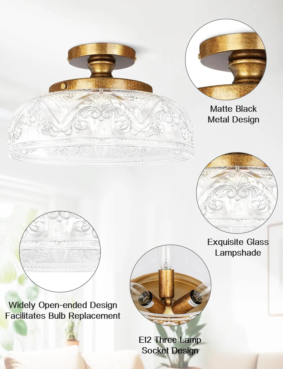 Semi Flush Mount Ceiling Light, 12 Inch Large Copper Ceiling Light Fixture, 3-Light Globe Glass Farmhouse Kitchen Lighting Fixtures for Bathroom, Hallway, Dining Room (Bulb Not Included)