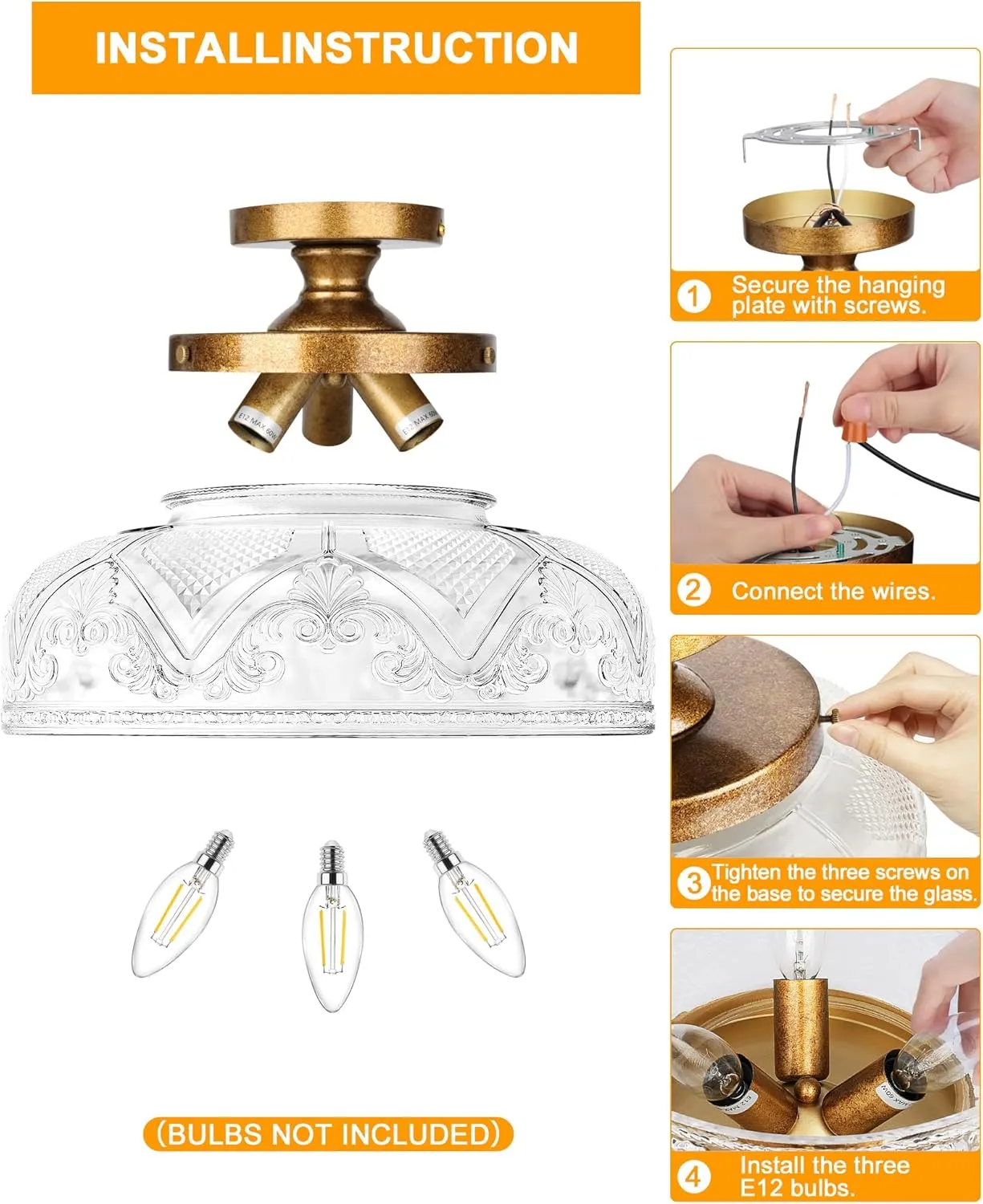Semi Flush Mount Ceiling Light, 12 Inch Large Copper Ceiling Light Fixture, 3-Light Globe Glass Farmhouse Kitchen Lighting Fixtures for Bathroom, Hallway, Dining Room (Bulb Not Included)