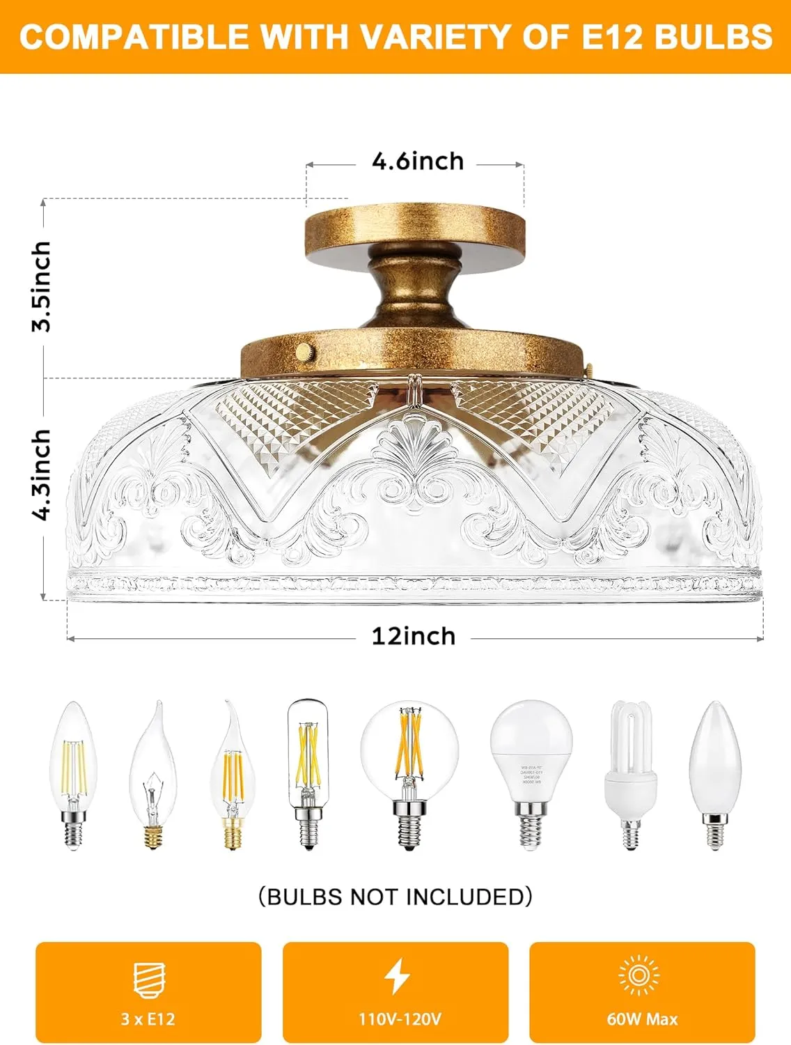 Semi Flush Mount Ceiling Light, 12 Inch Large Copper Ceiling Light Fixture, 3-Light Globe Glass Farmhouse Kitchen Lighting Fixtures for Bathroom, Hallway, Dining Room (Bulb Not Included)