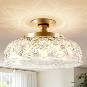 Semi Flush Mount Ceiling Light, 12 Inch Large Gold Ceiling Light Fixture, 3-Light Globe Glass Farmhouse Kitchen Lighting Fixtures for Bathroom, Hallway, Dining Room (Bulb Not Included)