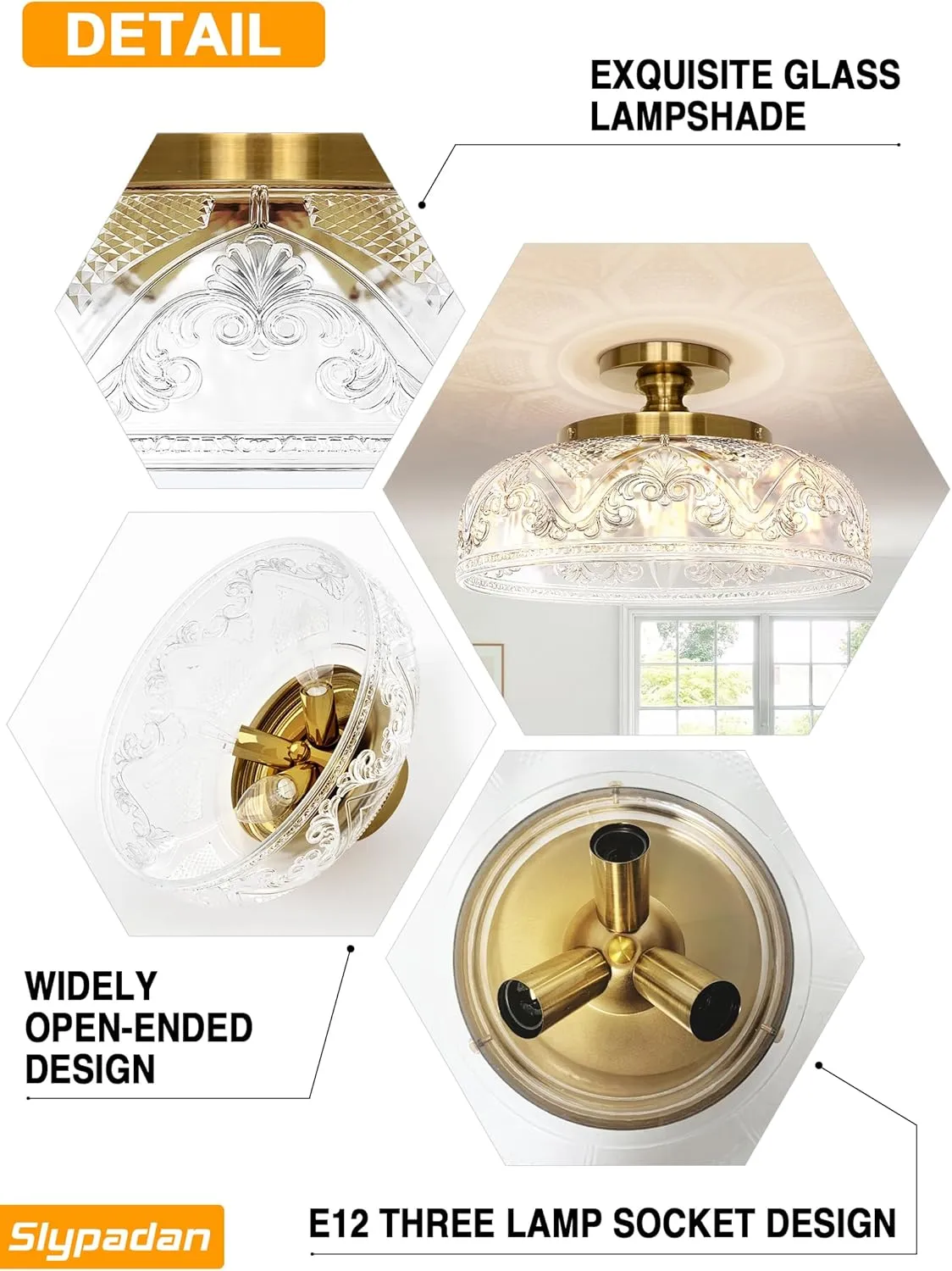 Semi Flush Mount Ceiling Light, 12 Inch Large Gold Ceiling Light Fixture, 3-Light Globe Glass Farmhouse Kitchen Lighting Fixtures for Bathroom, Hallway, Dining Room (Bulb Not Included)