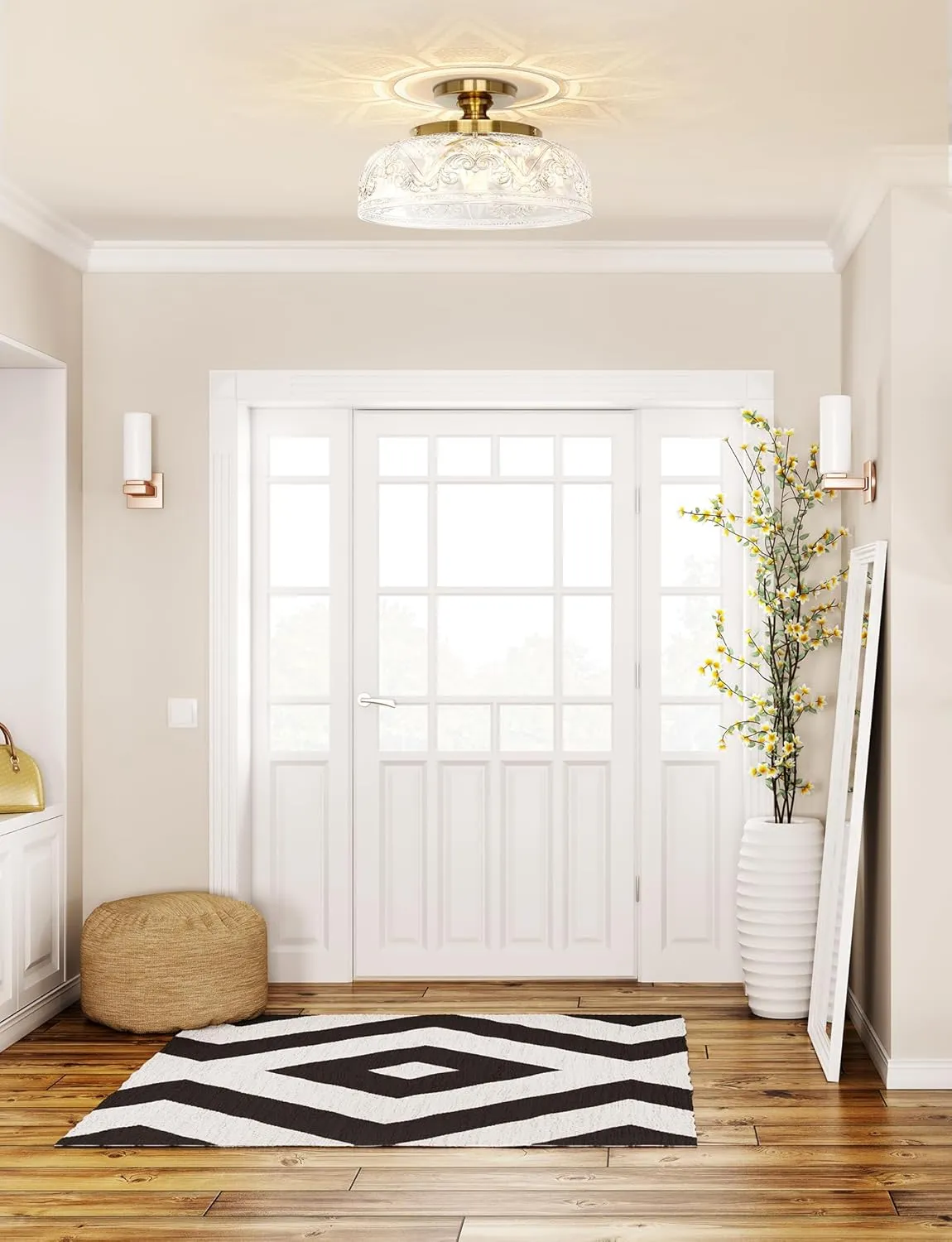 Semi Flush Mount Ceiling Light, 12 Inch Large Gold Ceiling Light Fixture, 3-Light Globe Glass Farmhouse Kitchen Lighting Fixtures for Bathroom, Hallway, Dining Room (Bulb Not Included)