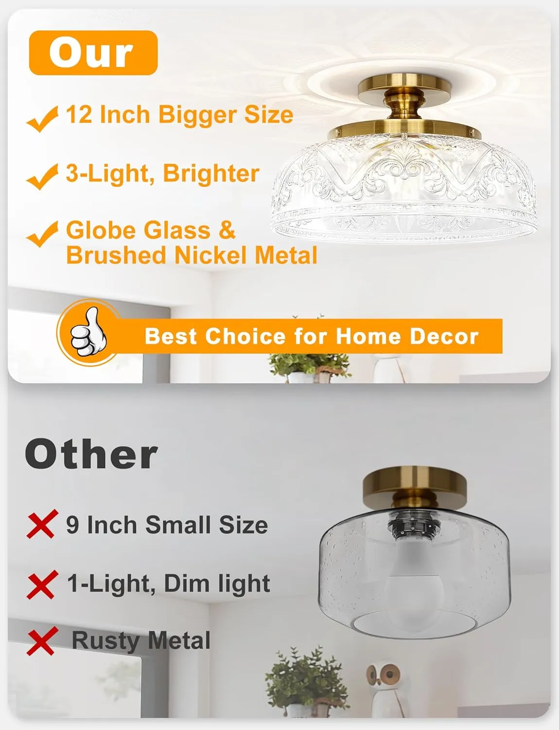 Semi Flush Mount Ceiling Light, 12 Inch Large Gold Ceiling Light Fixture, 3-Light Globe Glass Farmhouse Kitchen Lighting Fixtures for Bathroom, Hallway, Dining Room (Bulb Not Included)