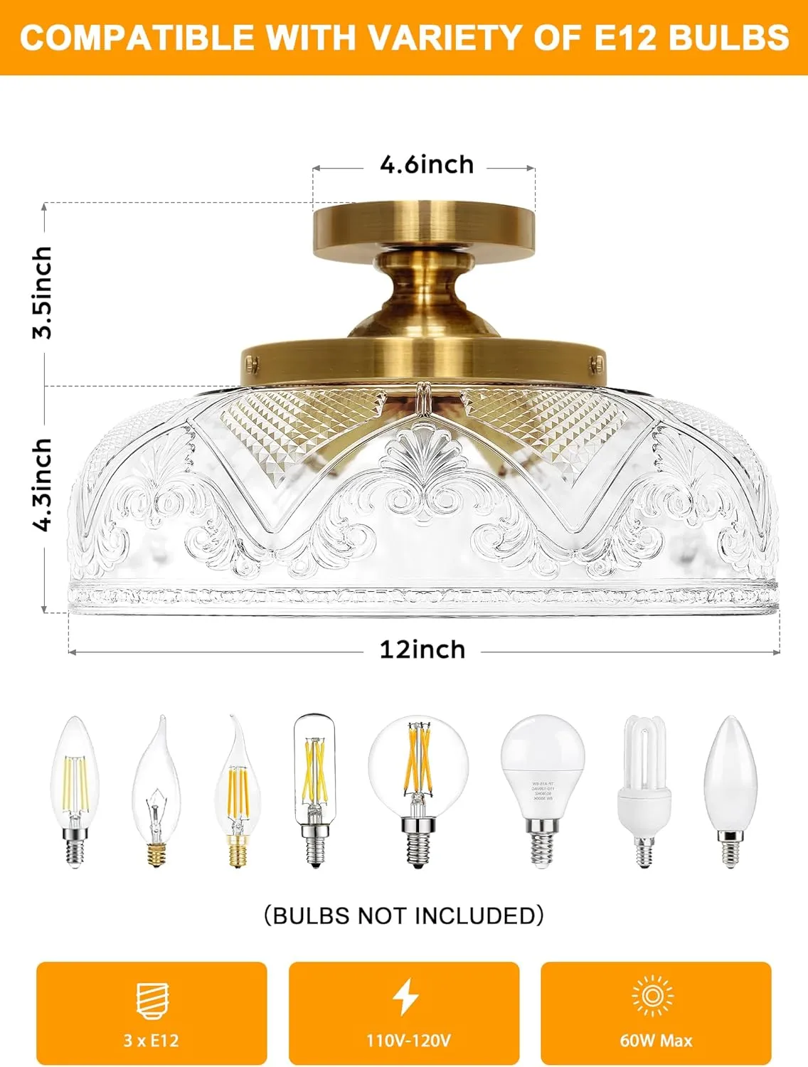 Semi Flush Mount Ceiling Light, 12 Inch Large Gold Ceiling Light Fixture, 3-Light Globe Glass Farmhouse Kitchen Lighting Fixtures for Bathroom, Hallway, Dining Room (Bulb Not Included)