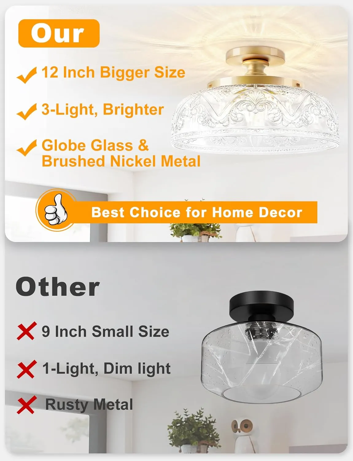 Semi Flush Mount Ceiling Light, 12 Inch Large Gold Ceiling Light Fixture, 3-Light Globe White Glass Farmhouse Kitchen Lighting Fixtures for Bathroom, Hallway, Dining Room (Bulb Not Included)