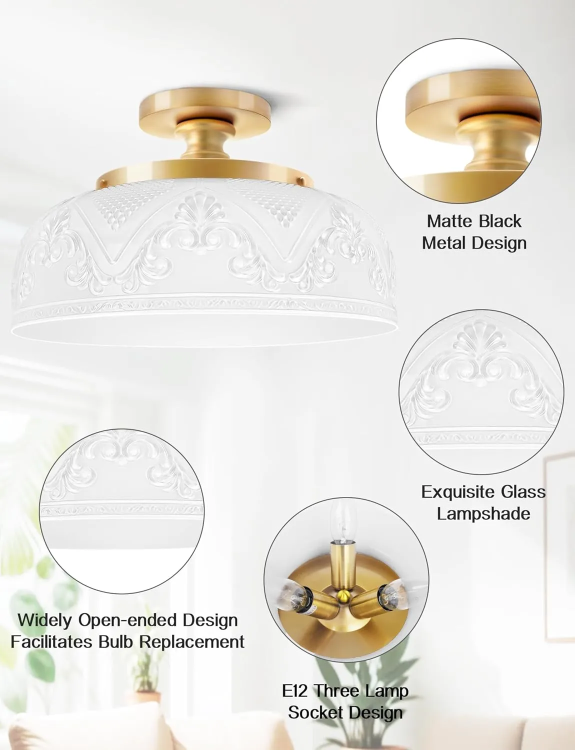Semi Flush Mount Ceiling Light, 12 Inch Large Gold Ceiling Light Fixture, 3-Light Globe White Glass Farmhouse Kitchen Lighting Fixtures for Bathroom, Hallway, Dining Room (Bulb Not Included)