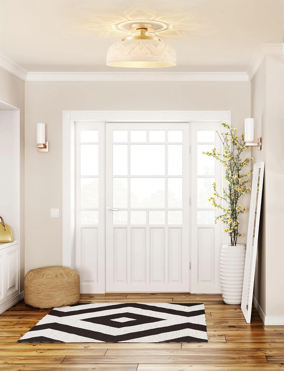 Semi Flush Mount Ceiling Light, 12 Inch Large Gold Ceiling Light Fixture, 3-Light Globe White Glass Farmhouse Kitchen Lighting Fixtures for Bathroom, Hallway, Dining Room (Bulb Not Included)