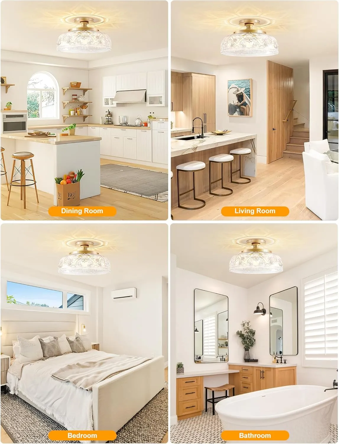Semi Flush Mount Ceiling Light, 12 Inch Large Gold Ceiling Light Fixture, 3-Light Globe White Glass Farmhouse Kitchen Lighting Fixtures for Bathroom, Hallway, Dining Room (Bulb Not Included)