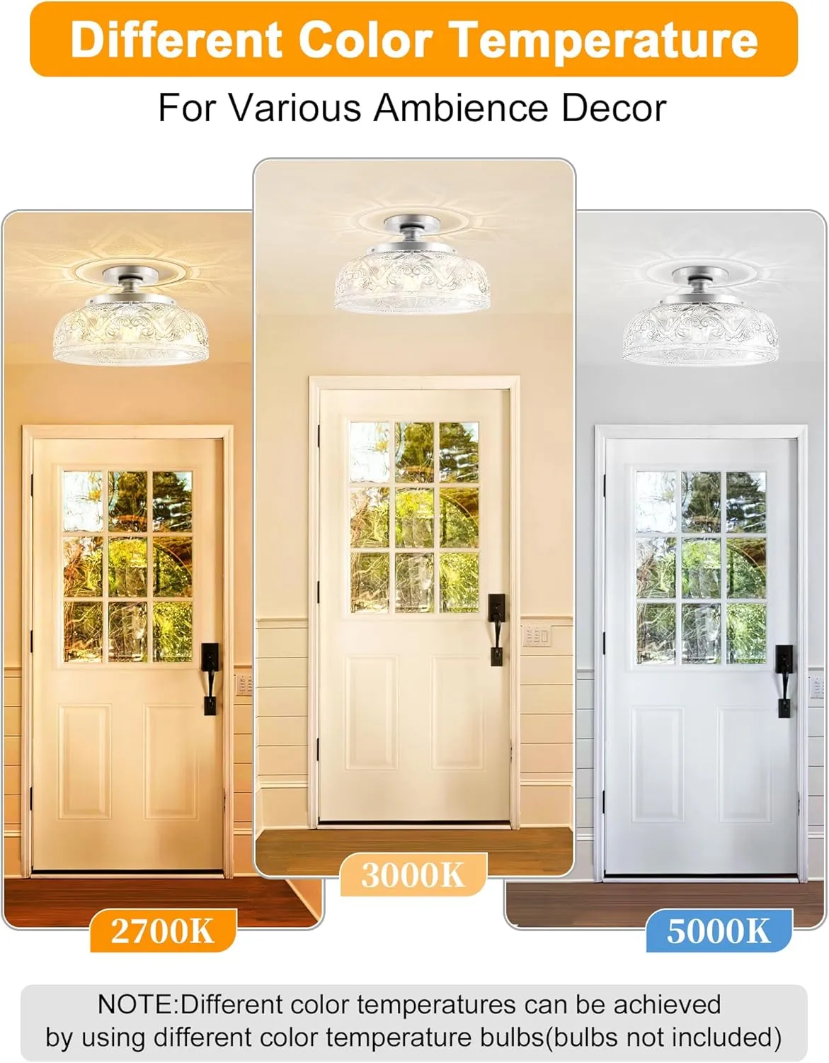 Semi Flush Mount Ceiling Light, 12 Inch Large Silver Ceiling Light Fixture, 3-Light Globe Glass Farmhouse Kitchen Lighting Fixtures for Bathroom, Hallway, Dining Room (Bulb Not Included)