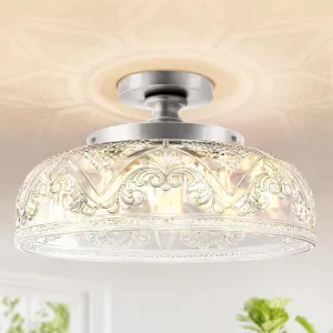 Semi Flush Mount Ceiling Light, 12 Inch Large Silver Ceiling Light Fixture, 3-Light Globe Glass Farmhouse Kitchen Lighting Fixtures for Bathroom, Hallway, Dining Room (Bulb Not Included)