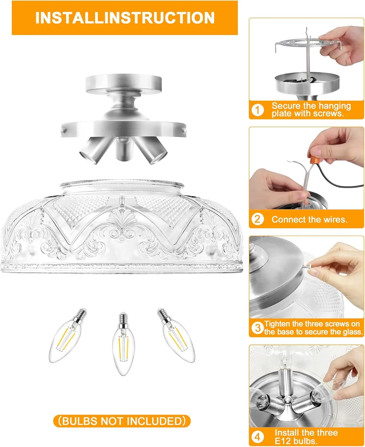 Semi Flush Mount Ceiling Light, 12 Inch Large Silver Ceiling Light Fixture, 3-Light Globe Glass Farmhouse Kitchen Lighting Fixtures for Bathroom, Hallway, Dining Room (Bulb Not Included)