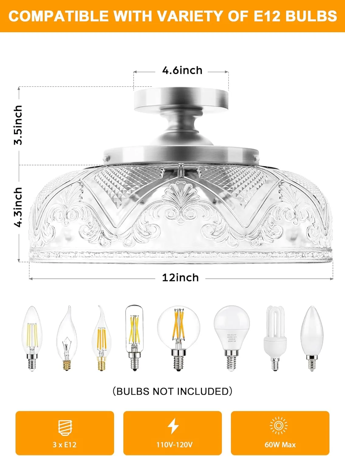 Semi Flush Mount Ceiling Light, 12 Inch Large Silver Ceiling Light Fixture, 3-Light Globe Glass Farmhouse Kitchen Lighting Fixtures for Bathroom, Hallway, Dining Room (Bulb Not Included)